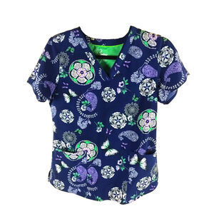 Premier Women's Scrub Top Size Small Blue Purple Green Butterfly